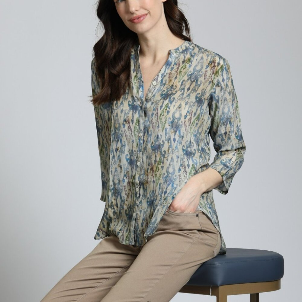 NWT APNY Multicolor Ikat Print ¾ Sleeve Mandarin Collar Button Up Blouse